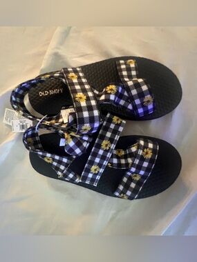 NWT Old Navy Black Gingham Sandals Yellow Floral Sunflowers